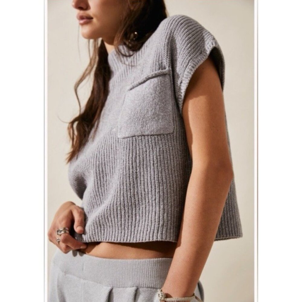 Free People Freya Medium Sweater Ribbed Gray Mock Neck Boxy Boho Preppy